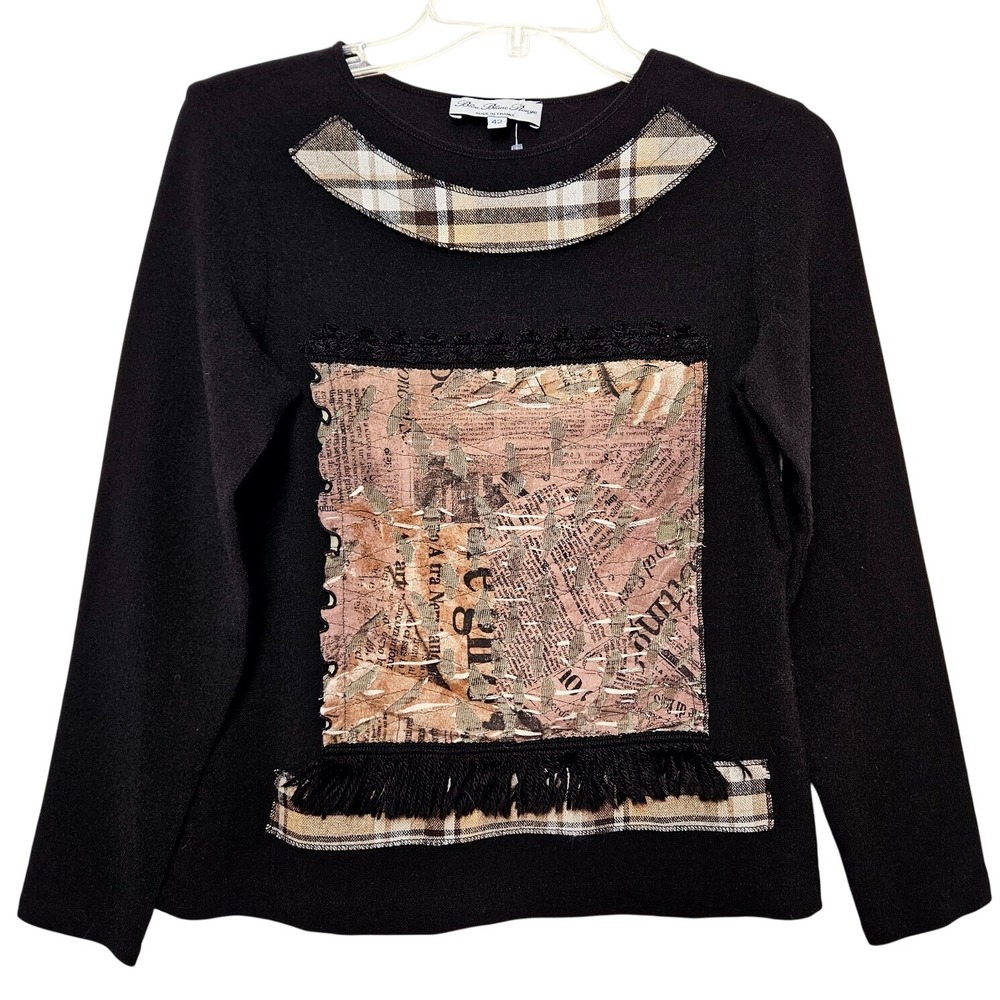 Bleu Blanc Rouge Black Newsprint Patch Plaid Trim Knit Top Med Boho Art to Wear